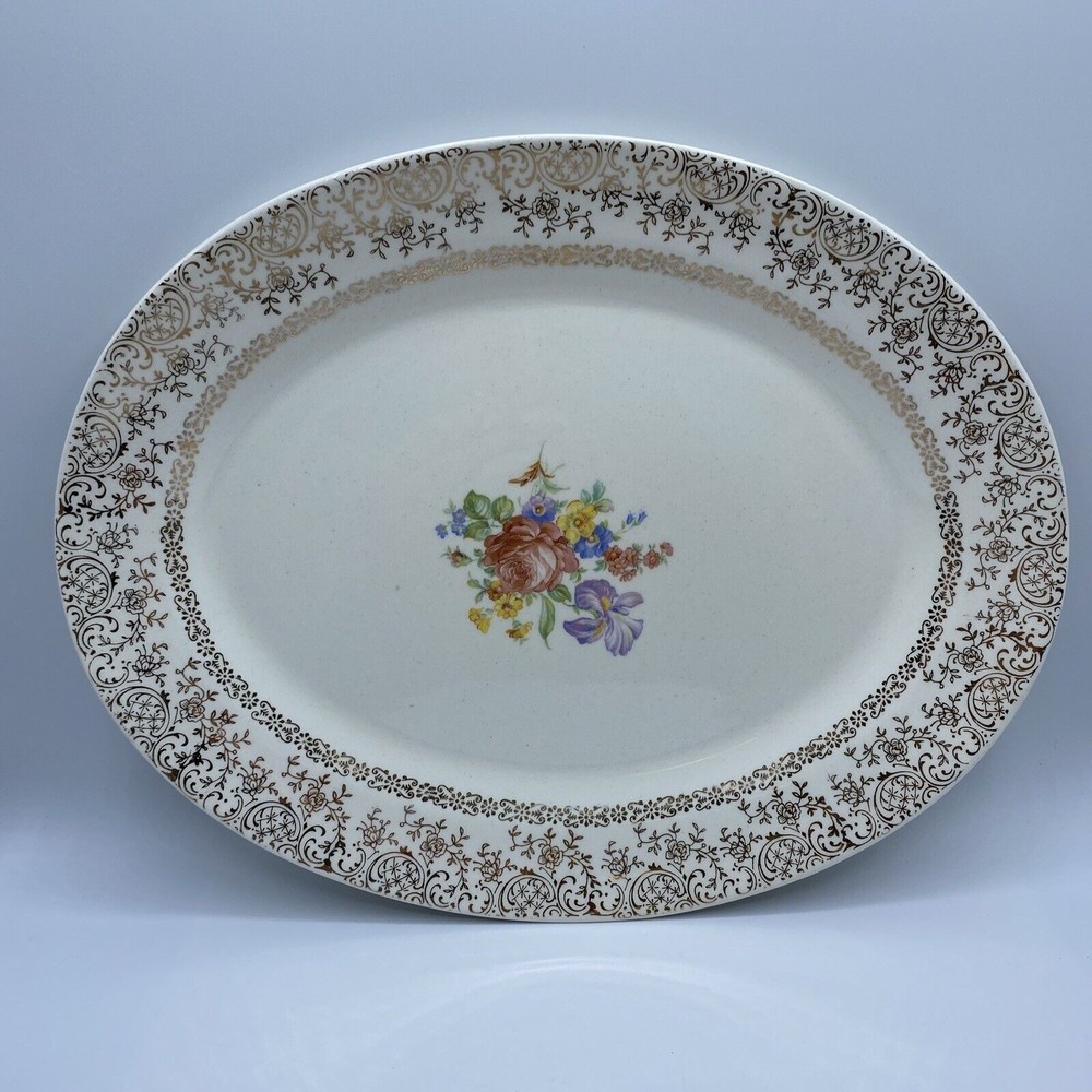 Vintage White w/ Floral Platter 13” And Gold Filigree‎ Trim No Marks